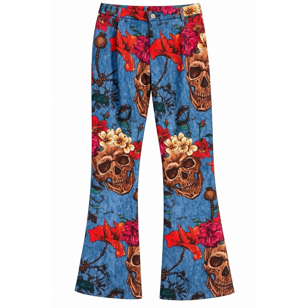 Skull Floral Pants Small Y2K Whimsigoth Gothic Halloween Flare Costume 28" Waist